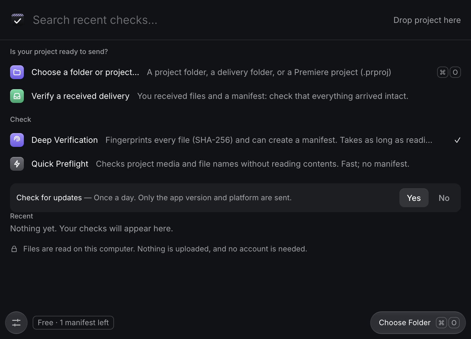 Bundvera’s first screen: a search bar for recent checks, then rows to choose a folder or project, verify a received delivery, and pick Deep Verification or Quick Preflight.